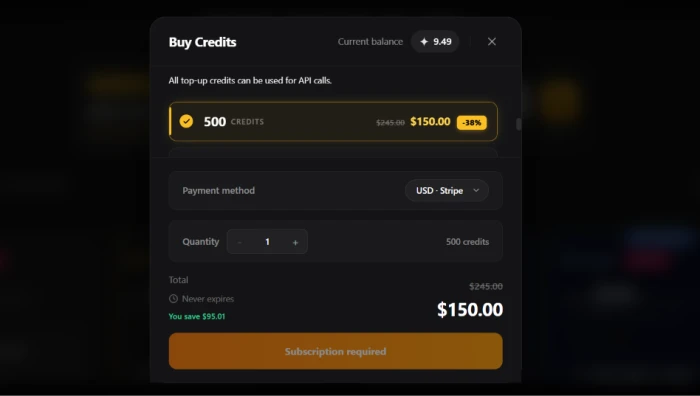 TopView.ai buy credits option showing one-time credit pack purchase options for users wanting flexible credit purchases outside subscription model