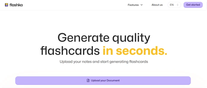 Flashka.ai homepage showing AI study helper platform positioning for students and learners with content-to-study-material value proposition