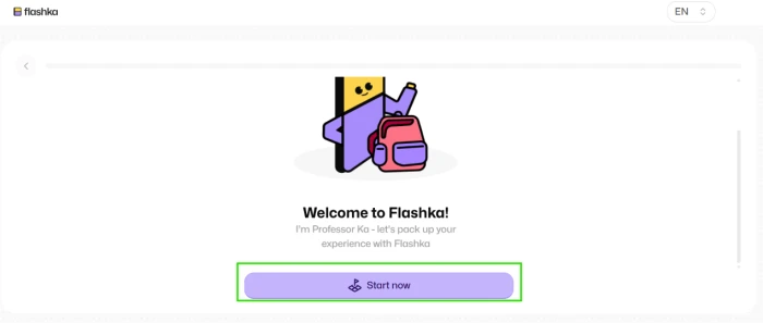 Flashka.ai post-login onboarding entry screen initiating guided setup flow for new user account preference collection