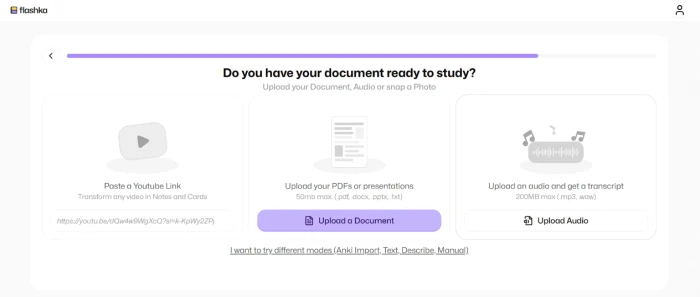 Flashka.ai onboarding step asking about study materials with multi-format input options including paste link upload document and upload audio for diverse content sources