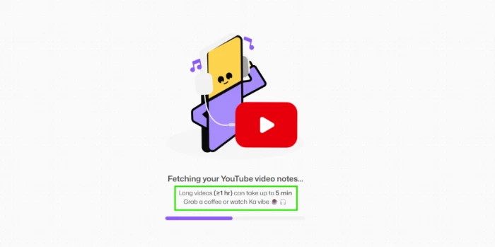 Flashka.ai YouTube video link submission with processing indicator disclosing that long videos can take up to 5 minutes for content transformation workflow