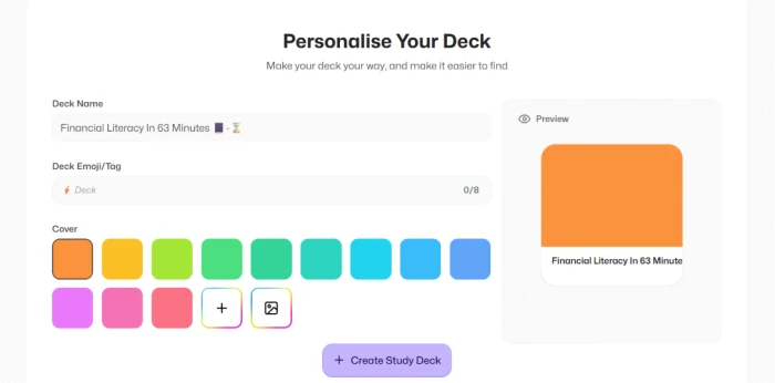 Flashka.ai Personalise Your Deck dashboard exposing deck name entry emoji tag selection cover color palette with real-time preview for visual deck organization