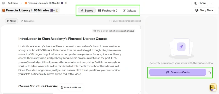 Flashka.ai deck dashboard exposing video transcription with three tabs Source Flashcards Quizzes plus download notes function and Generate Flashcard button in bottom right corner