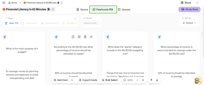 Flashka.ai 172 flashcards generated from YouTube video source with each flashcard showing source tracking edit controls and delete controls for user customization beyond auto-generated defaults