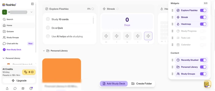 Flashka.ai home dashboard providing organized access to generated decks platform features and account management for authenticated returning users