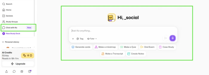 Flashka.ai Chat with Ka AI conversational feature exposing interactive AI chat interface for deck-based study support beyond static flashcard consumption
