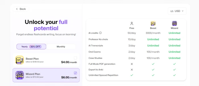Flashka.ai pricing page showing subscription tier options with feature allocations and pricing structure for premium account access to advanced study material generation features