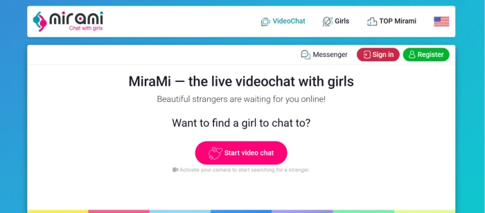 Mirami.chat homepage exposing live video chat platform positioning with Start Video Chat call to action for authenticated user access to platform features