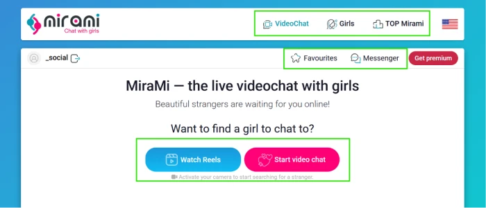 Mirami.chat post-login dashboard exposing platform core interface with navigation to video chat recommended profiles reels messenger and premium account features for authenticated users
