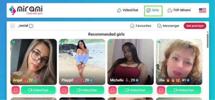 Mirami.chat Recommended profiles tab exposing curated profile list for user discovery workflow supporting selection from platform-suggested matches