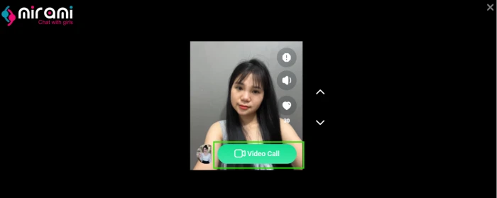 Mirami.chat Watch Reels dashboard exposing short video content browsing with embedded video call button on each reel for direct interaction pathway from content preview