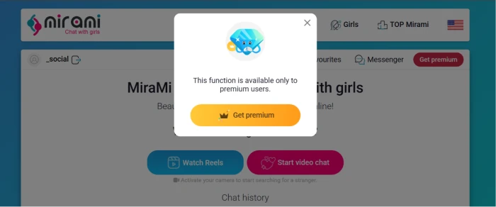 Mirami.chat Top Mirami feature popup exposing premium user restriction stating the function is available for premium users only requiring subscription commitment for full access