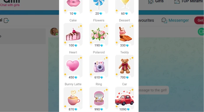Mirami.chat gift interface exposing diamond costs across gift range from cheapest 10 diamond kiss to most expensive 1090 diamond car gift for user chat partner sending