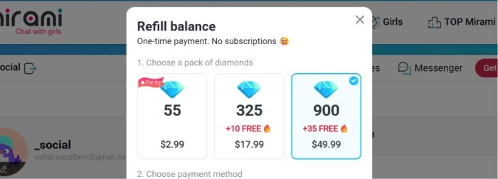 Mirami.chat refill balance page showing three diamond package tiers 2.99 dollars for 55 diamonds 17.99 dollars for 325 diamonds and 49.99 dollars for 900 diamonds plus premium subscription option