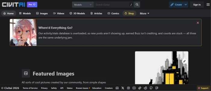 Civitai homepage exposing AI image generation platform positioning with community model marketplace and creator economy features for authenticated user access