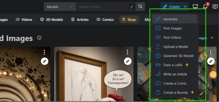 Civitai Create menu exposing multi-tool creation options spanning image generation model training and community publishing workflows for platform users