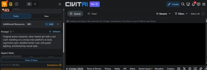 Civitai image generation dashboard exposing prompt input interface with model selection and generation controls for text to image workflow using platform provided models