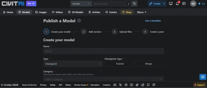 Civitai model creation dashboard exposing custom model training and configuration interface for user creators uploading and preparing models for community publication