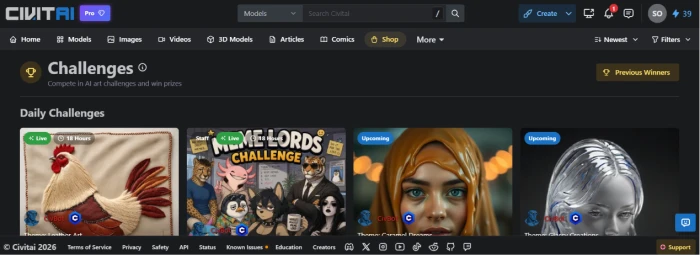 Civitai daily challenges dashboard exposing platform gamification with buzz earning opportunities through daily creative challenges supporting economy accessibility for regular users