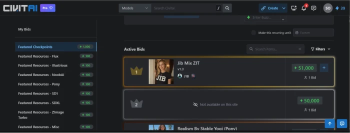 Civitai auction feature exposing bidding interface for custom generations or model access with buzz currency supporting unique economy layer beyond typical AI image generation platform features