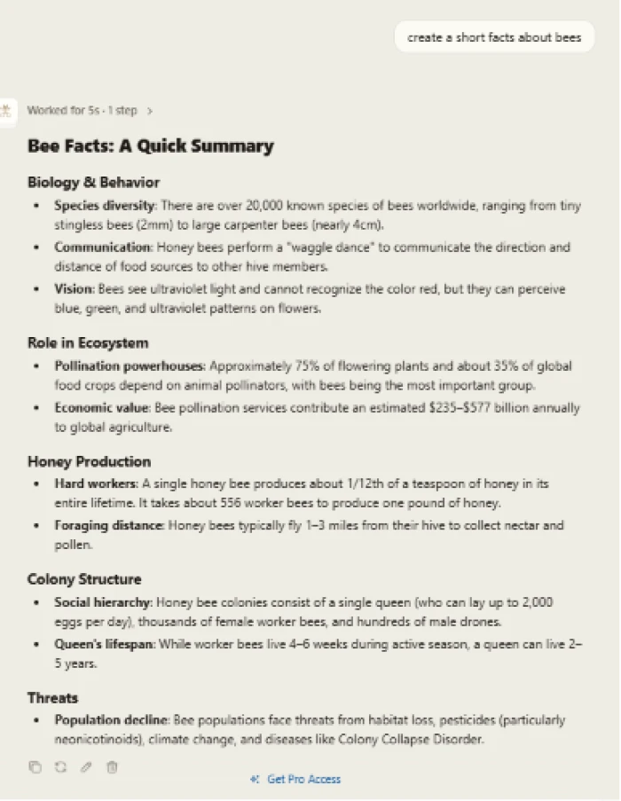 Venice AI text generation output for short facts about bees query producing structured factual content covering bee biology behavior and ecology in accessible format for user reference