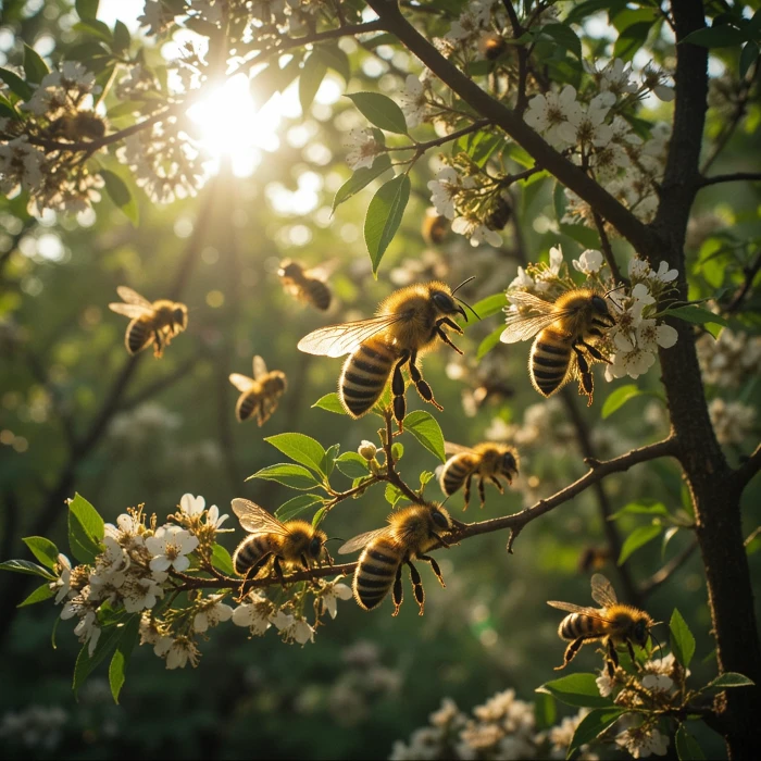 Venice AI generated image showing bees flying near a tree from user text prompt demonstrating platform text to image capability for descriptive prompts across nature and organic subject matter
