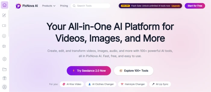 Pixnova.ai homepage exposing multi-tool AI creation suite positioning with platform navigation to 100 plus AI tools across editor video image fun room and lip sync category families