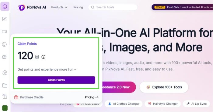 Pixnova.ai post login dashboard exposing 120 free credits allocation for new users supporting immediate platform evaluation without paid commitment across text image and video generation tools