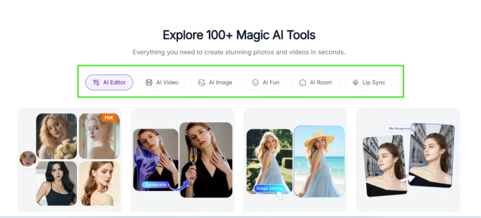 Pixnova.ai tools menu exposing more than 100 AI tools organized across six category families including AI editor AI video AI image AI fun AI room and lip sync for multi modal creative workflows