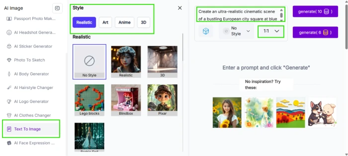 Pixnova.ai text to image generator dashboard exposing prompt input interface with detailed prompt configuration for cinematic photorealistic scene generation from natural language description