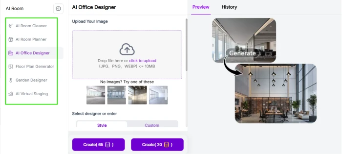 Pixnova.ai AI Room feature exposing six sub features including room clean room plan office design floor plan generator garden generator and AI virtual staging for interior and space design workflows