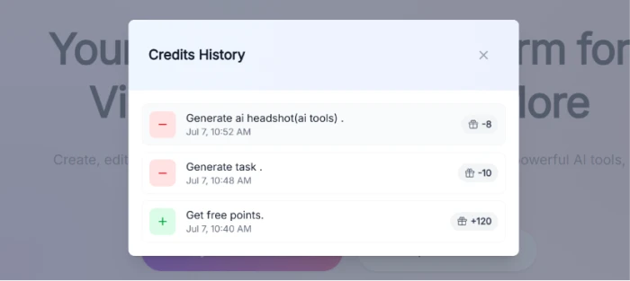 Pixnova.ai credit history exposing usage tracking across platform tools with credit consumption breakdown supporting user account management and spending transparency