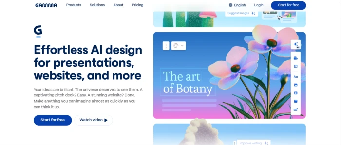 Gamma.app homepage exposing clean modern first impression with minimalistic design intuitive layout and AI powered capabilities for presentations documents and webpages