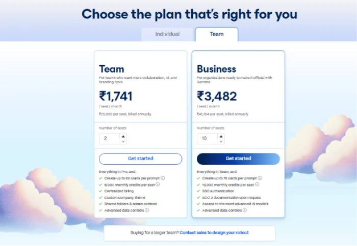 Gamma.app organization pricing exposing Team and Business subscription plans with flexible per user pricing annual billing discounts customizable team sizes advanced collaboration features increased AI credits premium AI models administrative controls custom branding and enhanced support