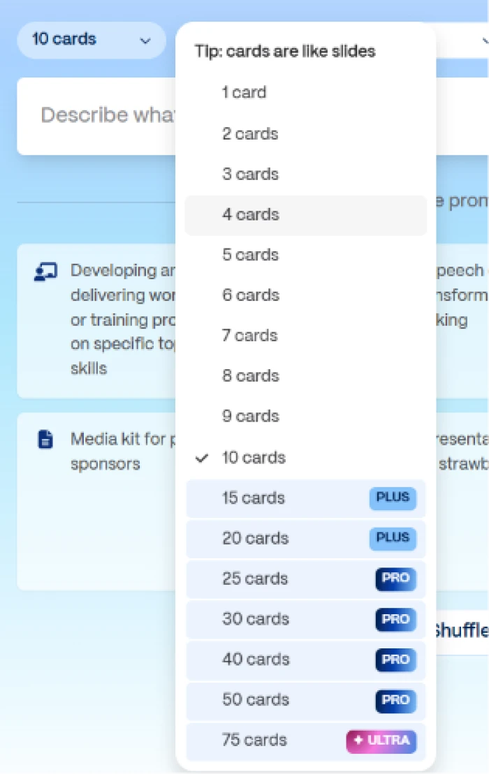 Gamma.app card selection feature exposing flexible presentation length control with standard plans supporting shorter presentations and premium subscriptions unlocking up to 75 cards for detailed business proposals and educational content