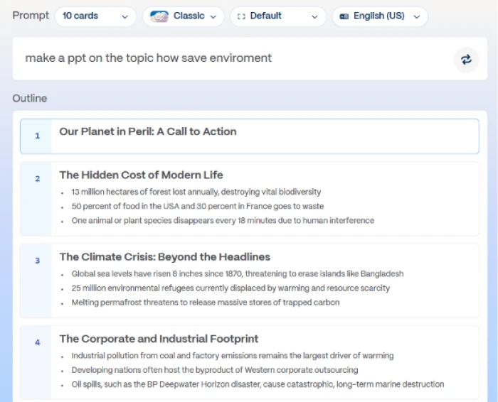 Gamma.app outline generation exposing detailed 10 card outline organized into logical sections with relevant headings and key points allowing users to review structure and edit content before AI generates finished slides