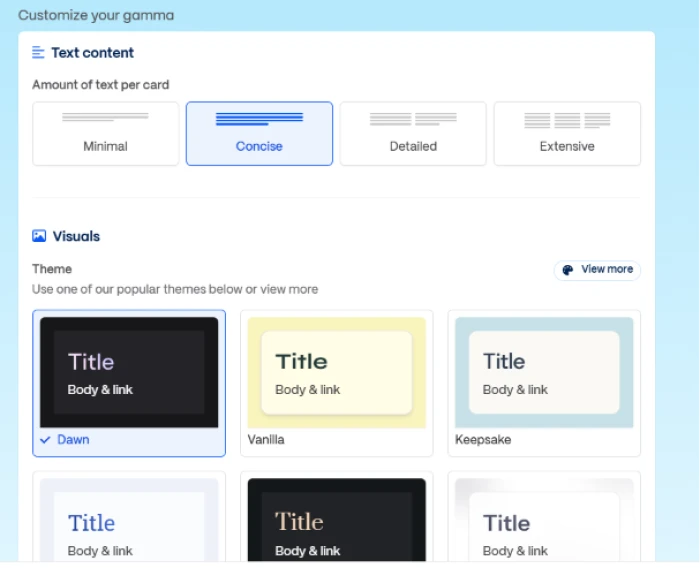 Gamma.app customization features exposing content and design modification controls including text amount per slide multiple professional themes and appearance customization for business educational or personal presentation contexts