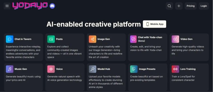 Yodayo.com homepage exposing multi modal AI creation platform positioning with navigation to anime image generation image editing character chat video generation and music generation tools