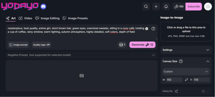 Yodayo image generation dashboard post login exposing prompt input interface with 100 free beans allocation for new users supporting initial platform evaluation across anime style image generation workflows