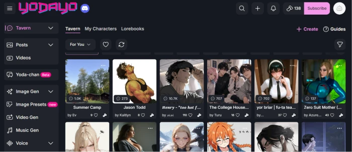 Yodayo Tavern chat dashboard exposing character conversation interface with existing character library and access to custom character creation for interactive AI roleplay workflows
