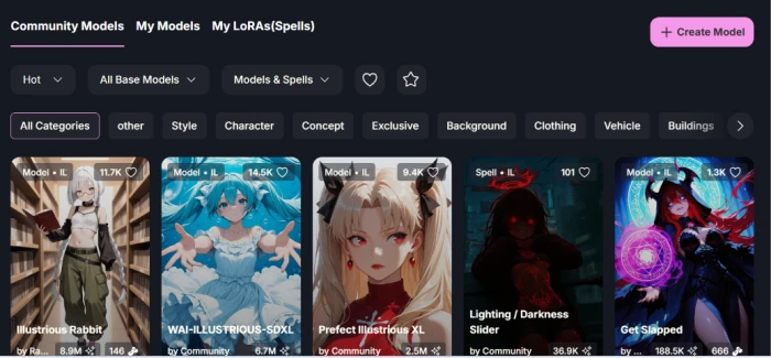 Yodayo all AI models menu exposing multiple image generation model options with different anime style specializations training foundations and output characteristics for user model selection based on intended aesthetic outcome