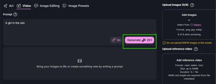 Yodayo video generation dashboard exposing bean cost requirement of 251 beans for single video generation exceeding the 100 free beans allocated at signup meaning video access requires paid bean purchase from initial evaluation