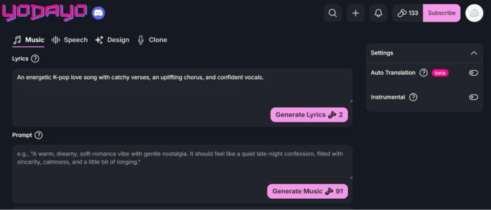 Yodayo music generation dashboard exposing two stage workflow starting with lyrics generation from natural language prompt describing musical style and content parameters for song creation