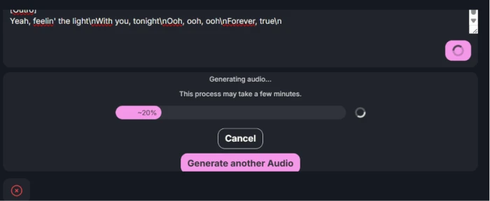 Yodayo music generation second stage exposing audio generation workflow that consumes lyrics output from first stage to produce complete song with music melody vocals and rhythm from generated lyrics