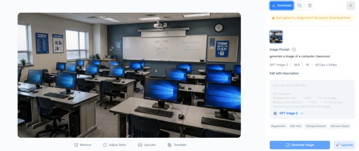 NoteGPT AI Image Generator interface exposing prompt input for computer classroom scene generation with post generation editing tools including download regenerate edit prompt modify image elements remove objects upscale image adjust aspect ratio and translate text within image for refinement without external editing software