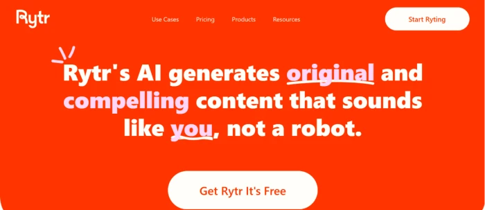 Rytr.me homepage exposing AI writing platform positioning with clean interface and clear calls to action for signup and platform entry for content creators and casual writers wanting AI assisted drafts across multiple use case formats