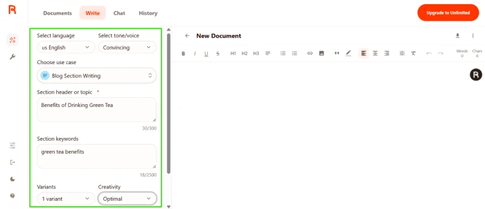 Rytr AI Writer setup interface exposing five configurable generation parameters on left panel including language selection tone selection use case template selection variants count and creativity level with topic input field for blog section header and keyword field for SEO optimization