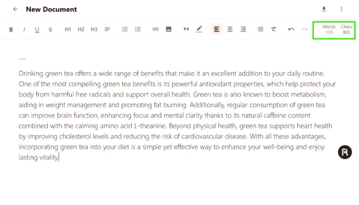Rytr AI Writer generated blog section output on Benefits of drinking green tea topic with green tea benefits keyword integration showing clear well structured easy to read content suitable for general audience with logical flow across health benefits scientific claims and consumption recommendations