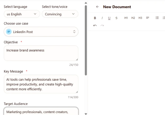 Rytr LinkedIn post use case setup exposing objective input field key message input field and target audience specification field for tailored social post generation matching marketing brand awareness campaign requirements