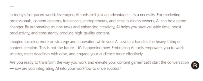 Rytr generated LinkedIn post output for AI tools brand awareness campaign targeting marketing professionals content creators freelancers entrepreneurs and small business owners with hook opening value proposition body and call to action closing structure matching LinkedIn format conventions
